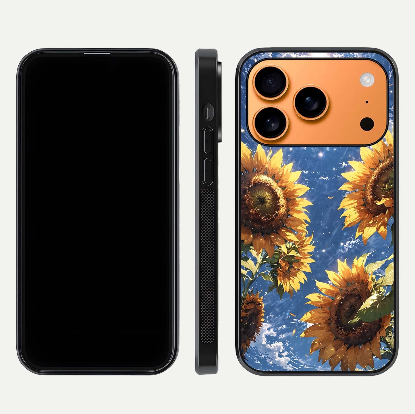 Heavenly Sunflower Rise Glass Case for iPhone 17 Pro Max front and back view layout highlighting golden floral tones and curved edges