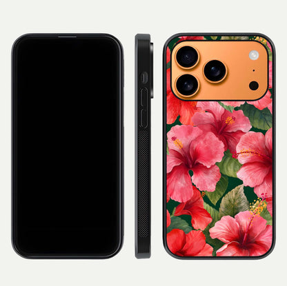 Hibiscus Pattern Glass Case for iPhone 17 Pro Max front and back view layout highlighting tropical design and curved glass edges