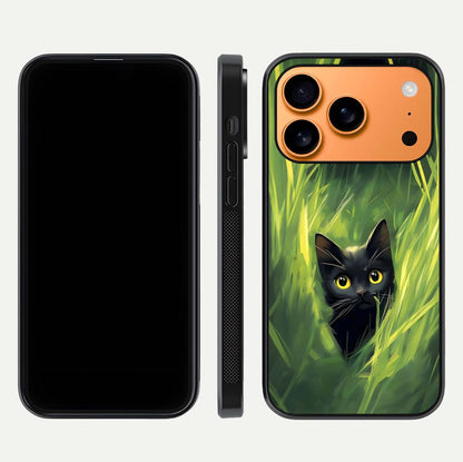 Hidden Cat Whisper Glass Case for iPhone 17 Pro Max front and back view layout highlighting minimalist art and curved edges