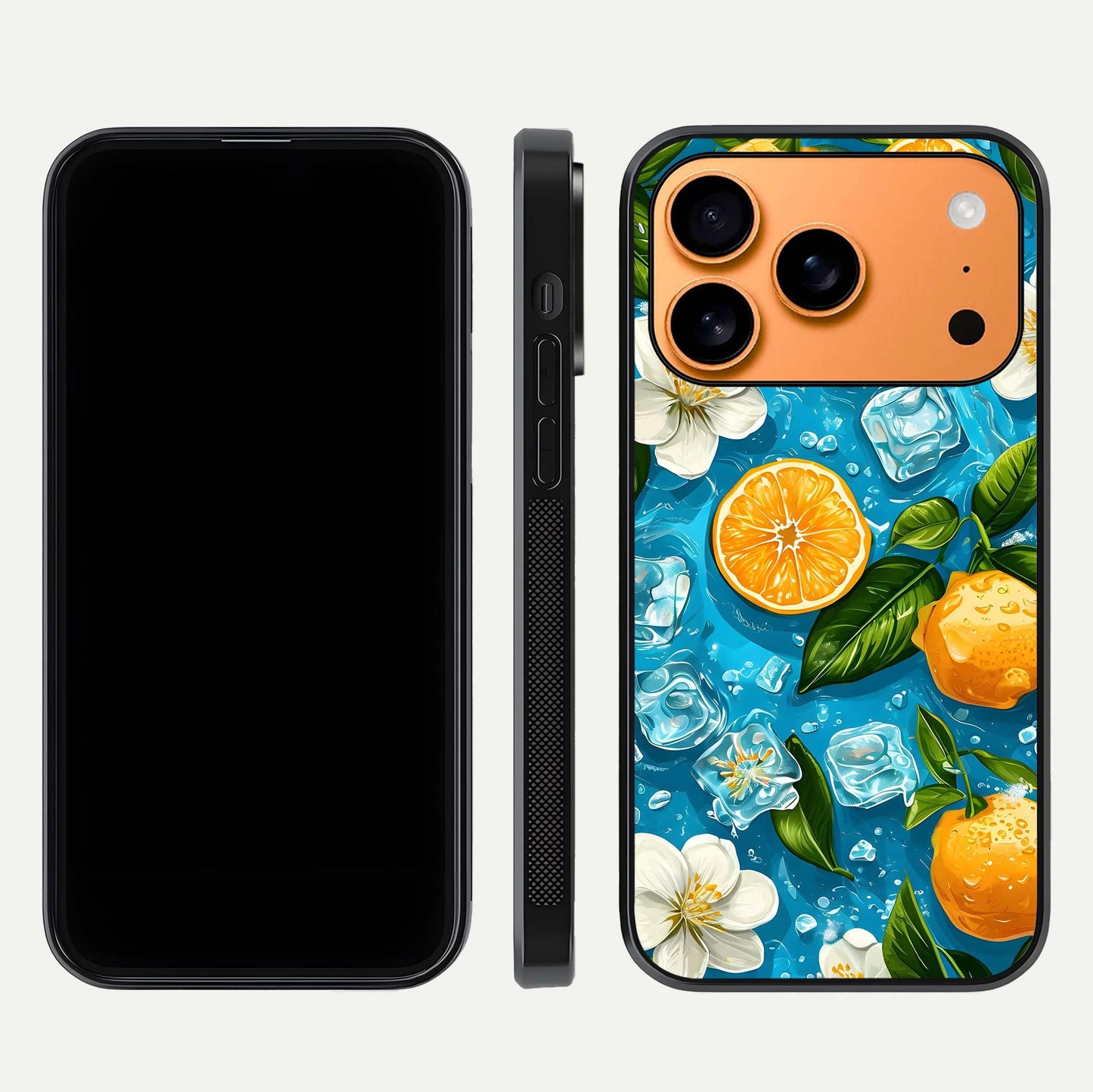 Ice Cube With Orange Glass Case for iPhone 17 Pro Max front and back view layout highlighting fresh orange tones and curved edges