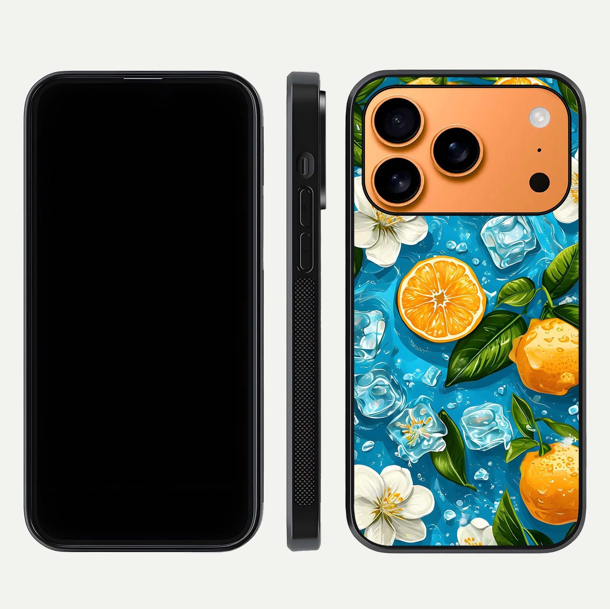 Ice Cube With Orange Glass Case for iPhone 17 Pro Max front and back view layout highlighting fresh orange tones and curved edges