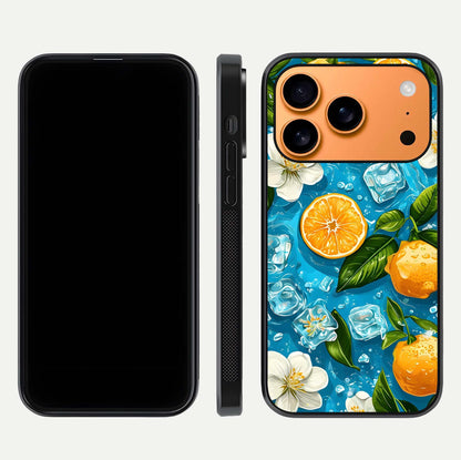 Ice Cube With Orange Glass Case for iPhone 17 Pro Max front and back view layout highlighting fresh orange tones and curved edges