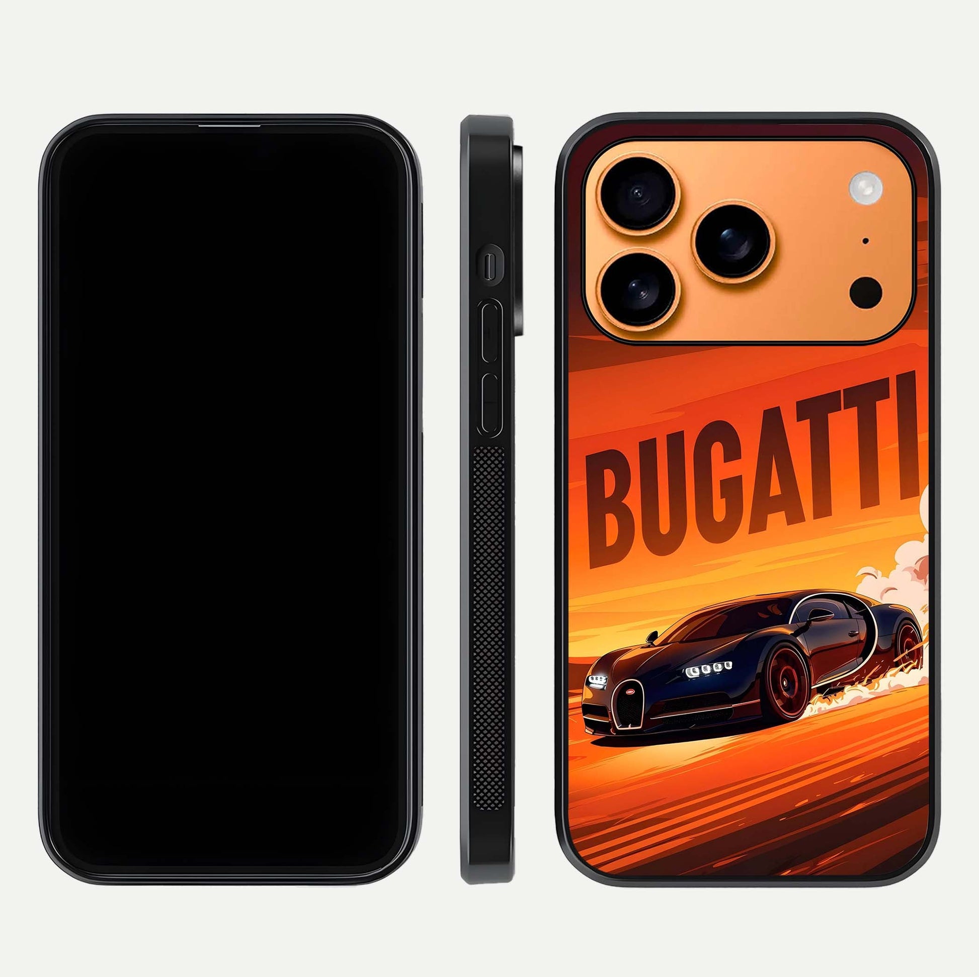 Inferno Bugatti Storm Glass Case for iPhone 17 Pro Max front and back view layout highlighting car silhouette and curved glass edge