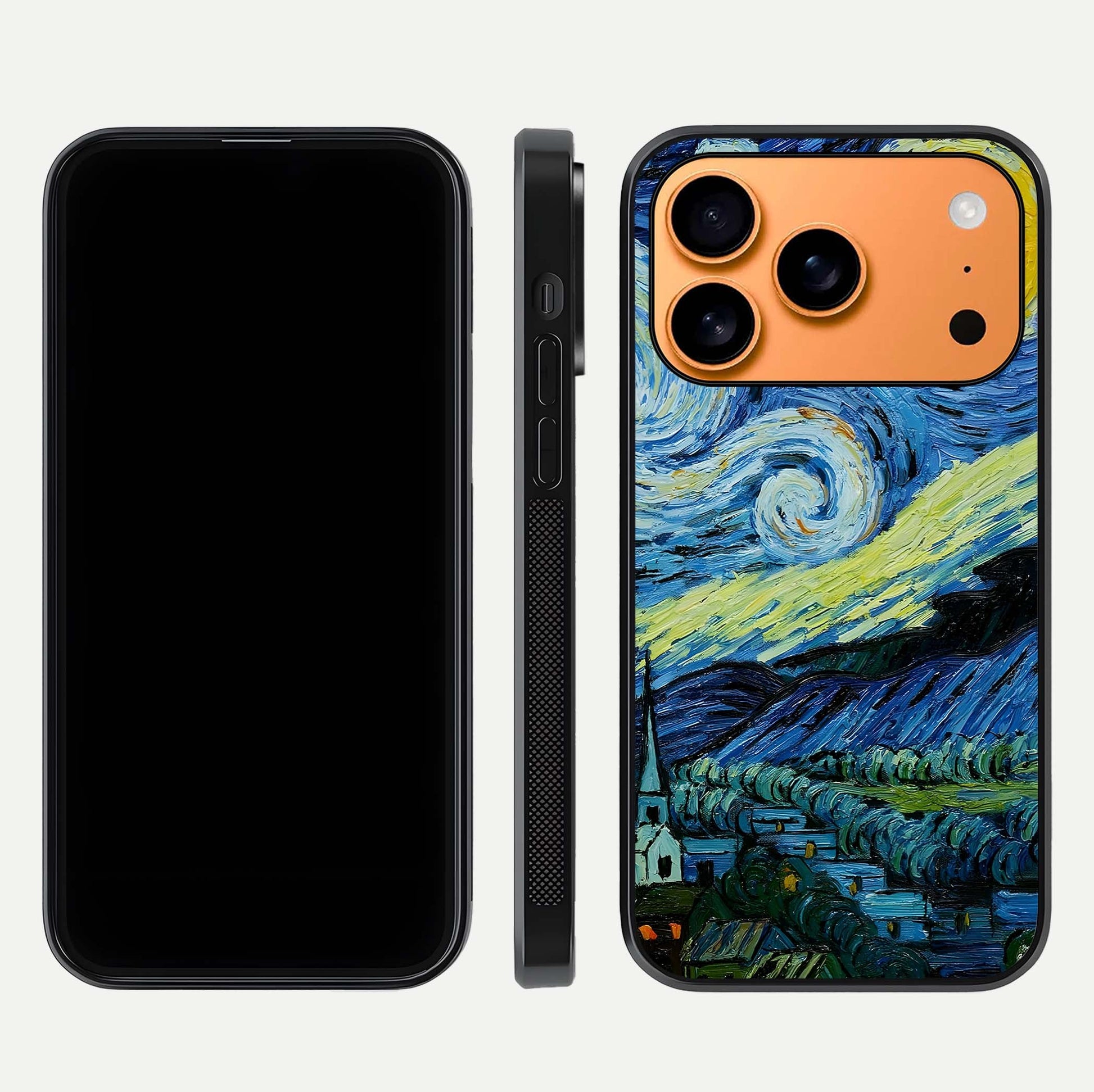 Inspired Van Gogh Art Glass Case for iPhone 17 Pro Max front and back view layout displaying vivid color tones and curved glass edges