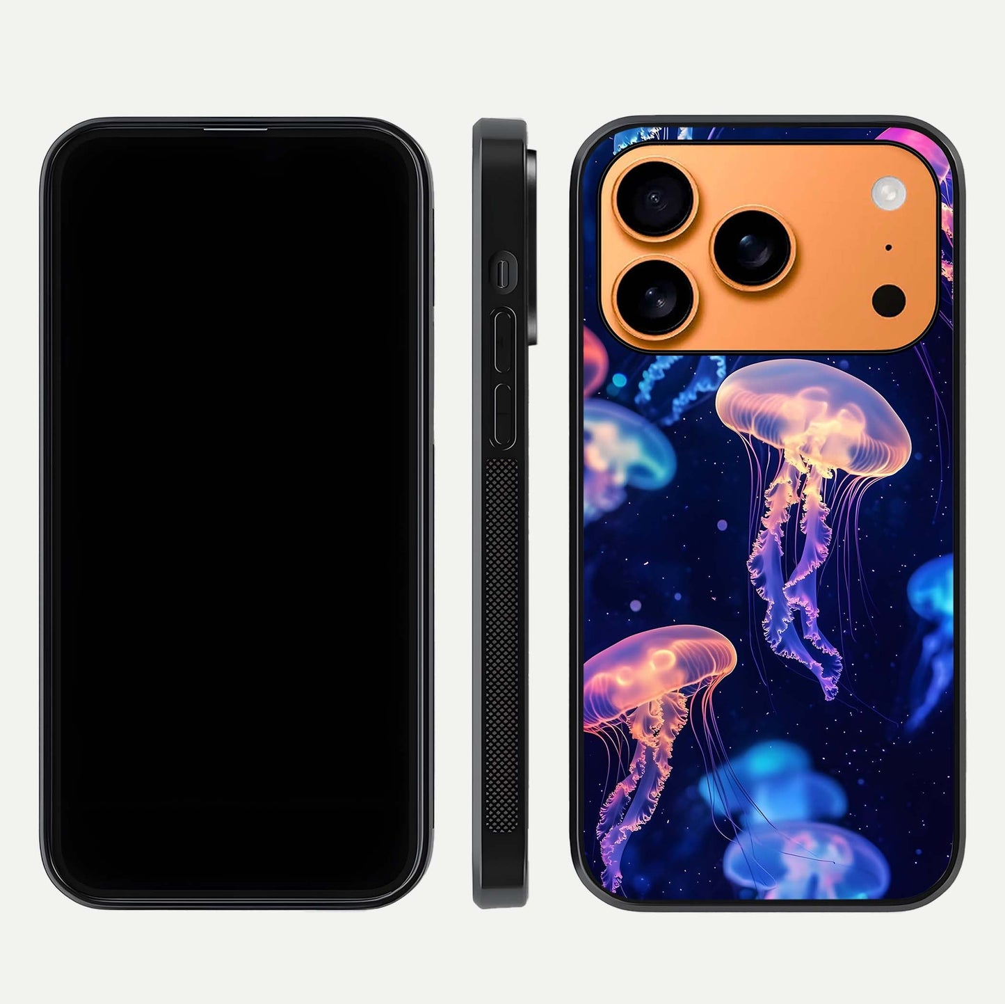 Jellyfish Pattern Glass Case for iPhone 17 Pro Max front and back view layout highlighting aquatic tones and curved edges