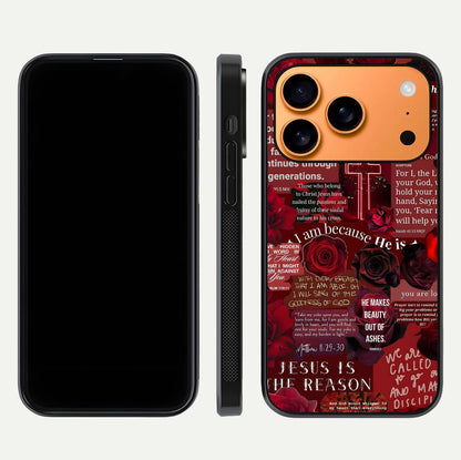 Jesus Love Heals Glass Case for iPhone 17 Pro Max front and back view layout with elegant typography and smooth edges