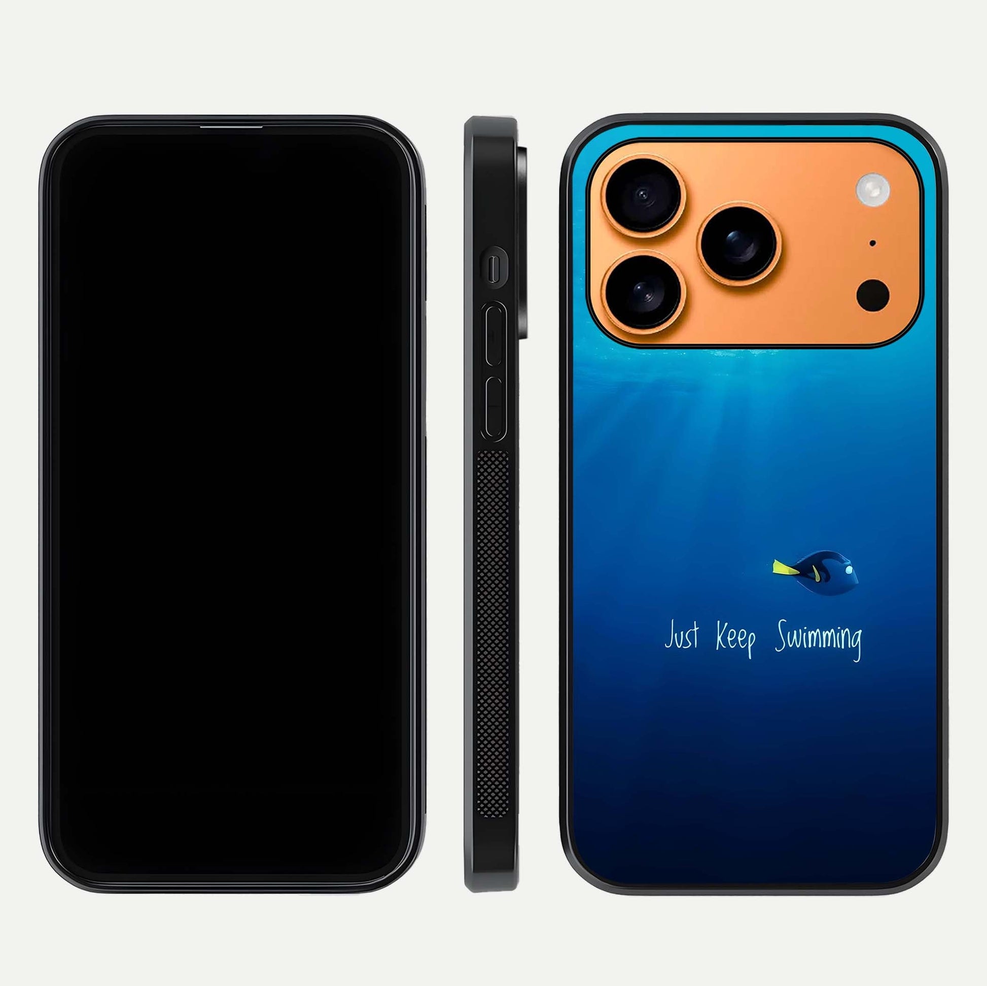 Just Keep Swimming Glass Case for iPhone 17 Pro Max front and back view layout with smooth glass edges and HD text clarity