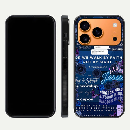 Kingdom Faith Glow Glass Case for iPhone 17 Pro Max front and back view layout highlighting radiant spiritual design