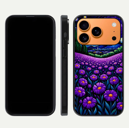 Lavender Moon Field Glass Case for iPhone 17 Pro Max front and back view layout with soft gradient and curved edges