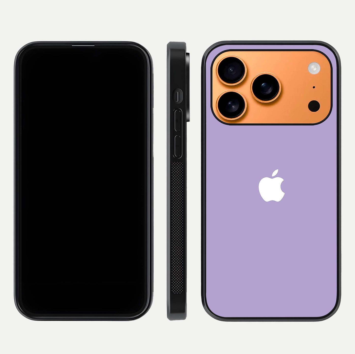 Lavender Soft Minimal Glass Case for iPhone 17 Pro Max front and back view layout highlighting soft hue and curved edges
