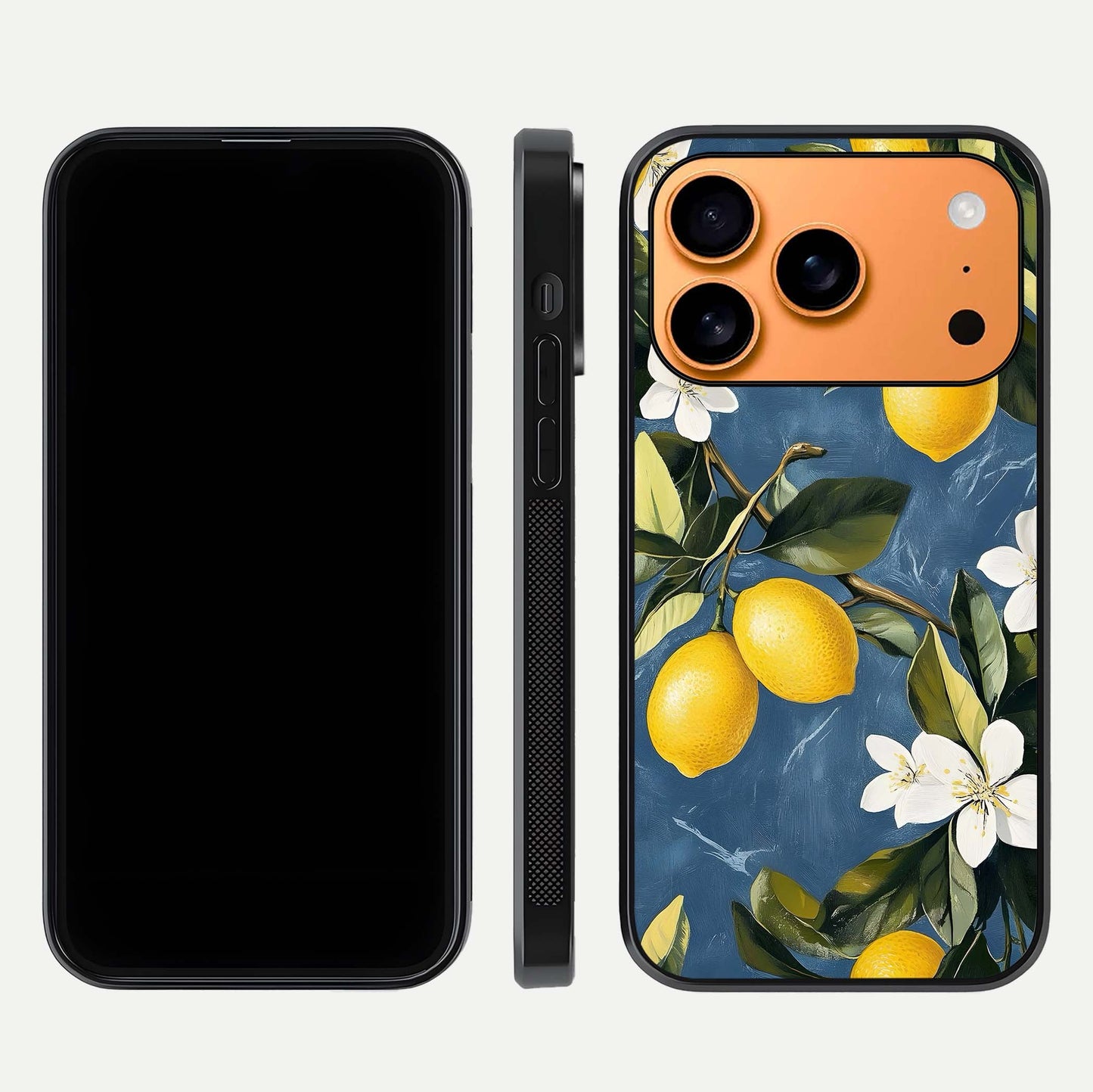 Lemon Dream Garden Glass Case for iPhone 17 Pro Max front and back view layout highlighting garden tones and edges