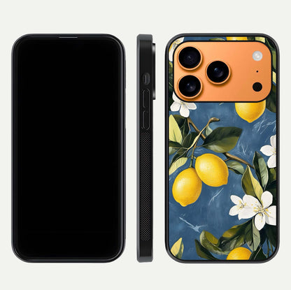 Lemon Dream Garden Glass Case for iPhone 17 Pro Max front and back view layout highlighting garden tones and edges