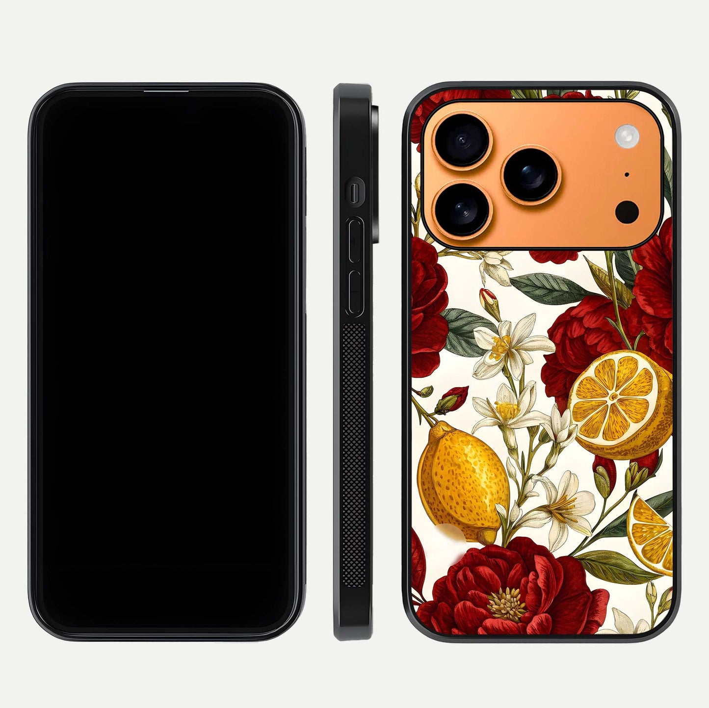 Lemon Rose Charm Glass Case for iPhone 17 Pro Max front & back layout highlighting soft yellow tones and curved edges