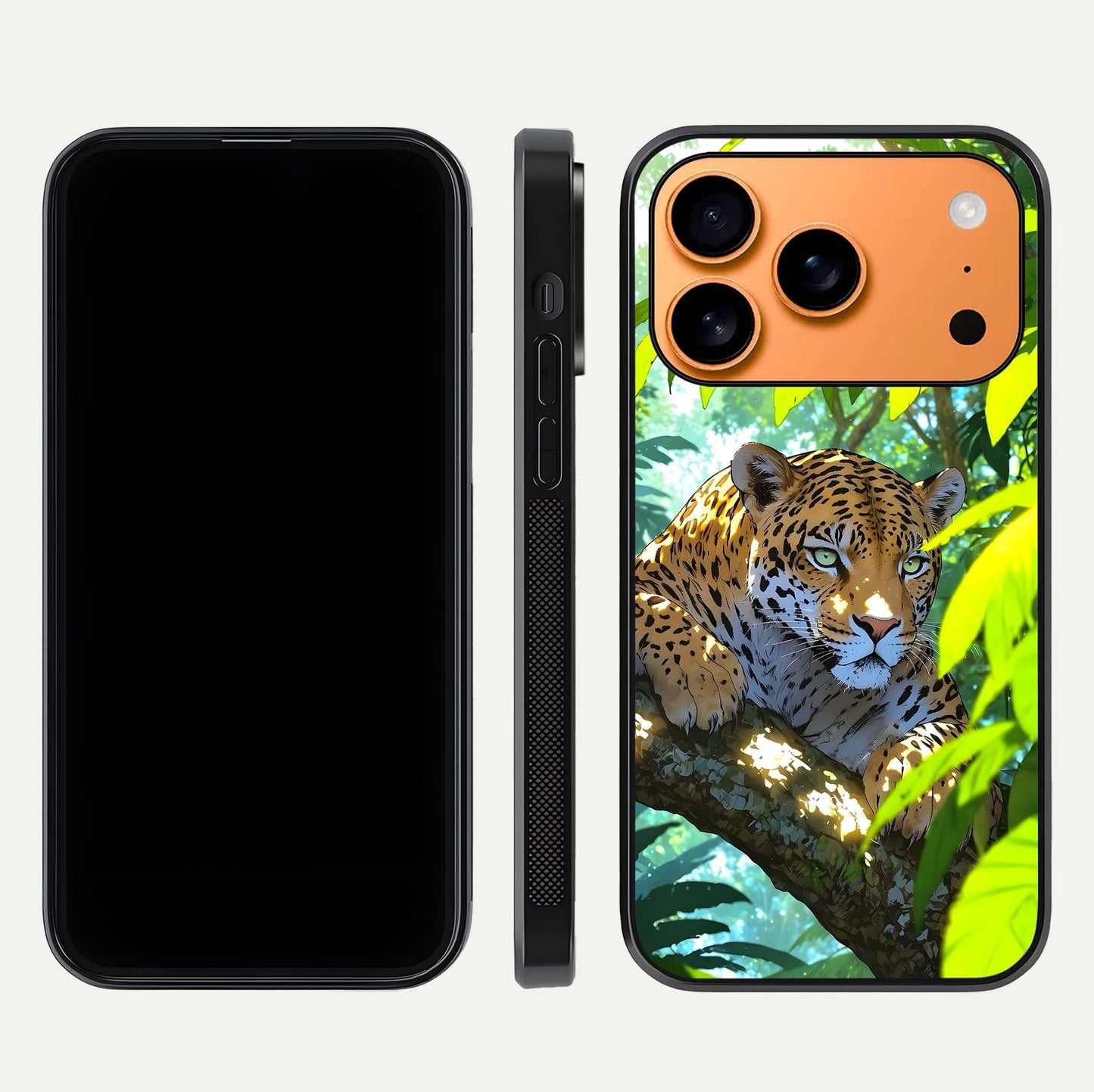 Leopard in Jungle Glass Case for iPhone 17 Pro Max front & back layout with premium edge detailing and vivid jungle art