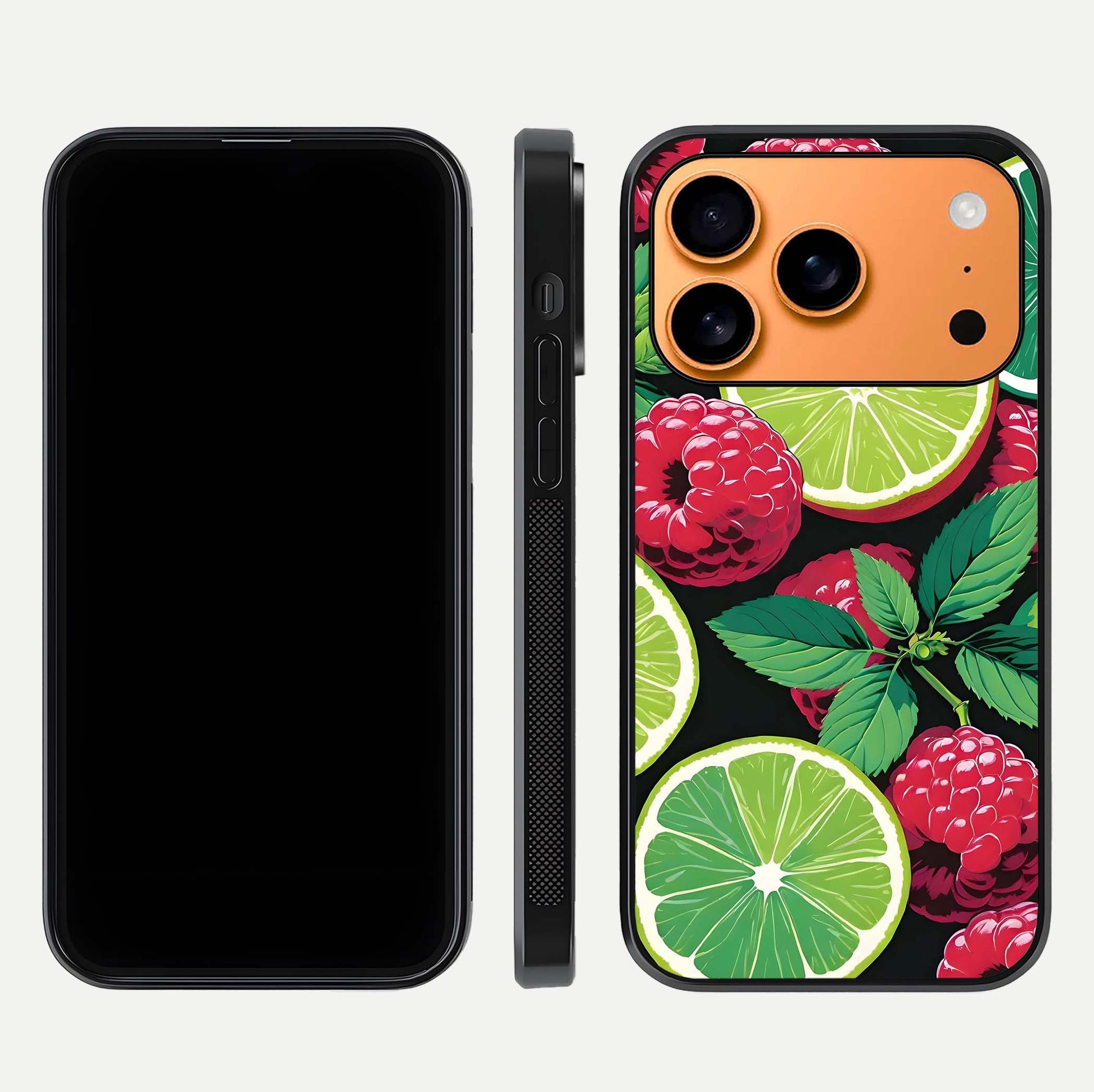 Lime and Raspberry Pattern Glass Case for iPhone 17 Pro Max front & back layout highlighting fresh summer tones