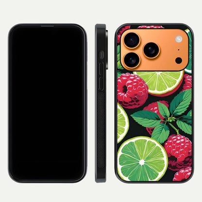 Lime and Raspberry Pattern Glass Case for iPhone 17 Pro Max front & back layout highlighting fresh summer tones