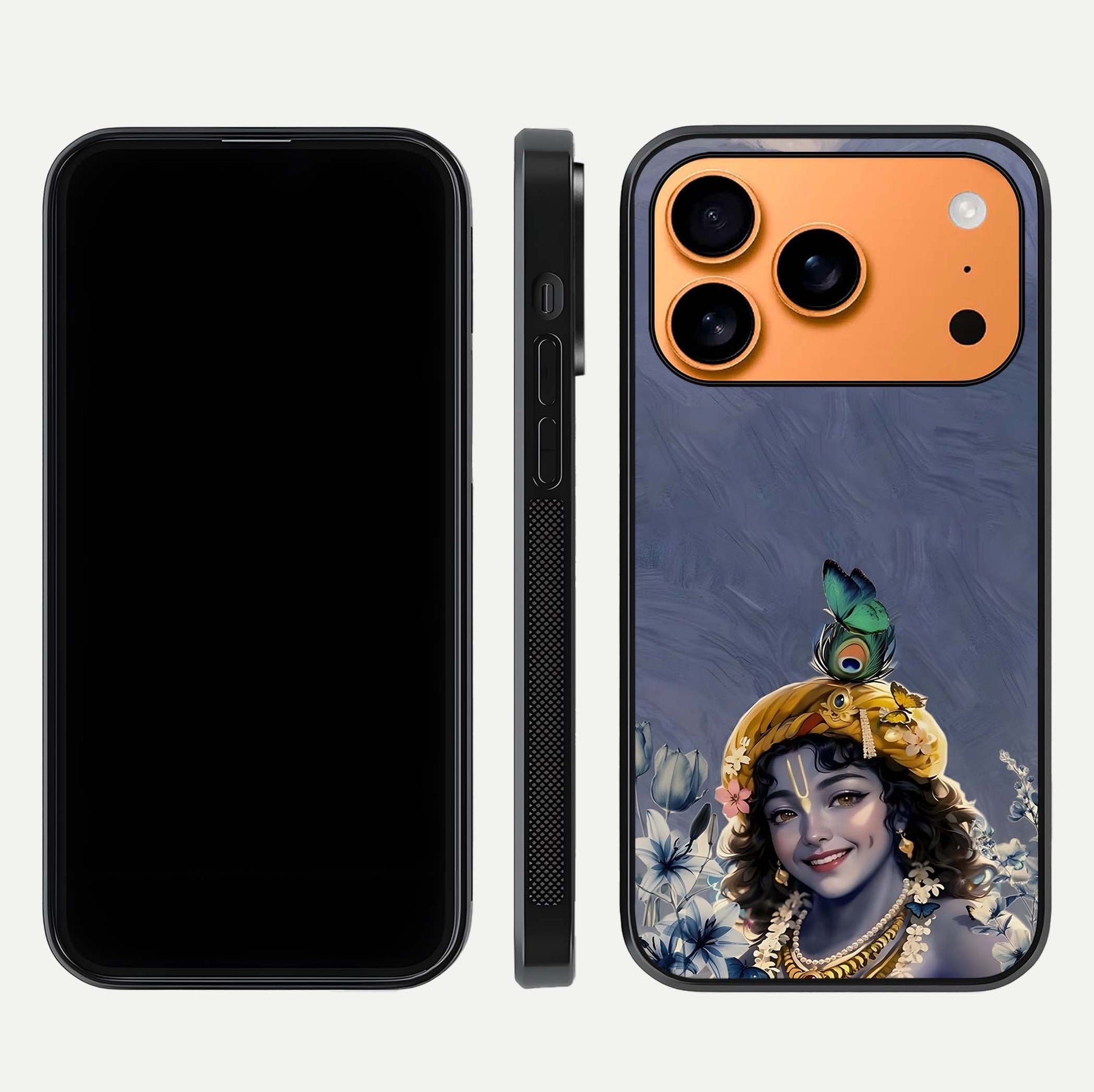 Lord Krishna Glass Case for iPhone 17 Pro Max front & back layout displaying soft tones and elegant edges