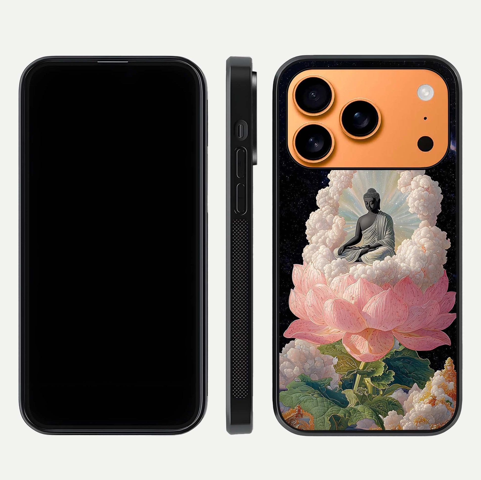 Lotus Divine Peace Glass Case for iPhone 17 Pro Max front & back layout highlighting soft pink hues and curved edges