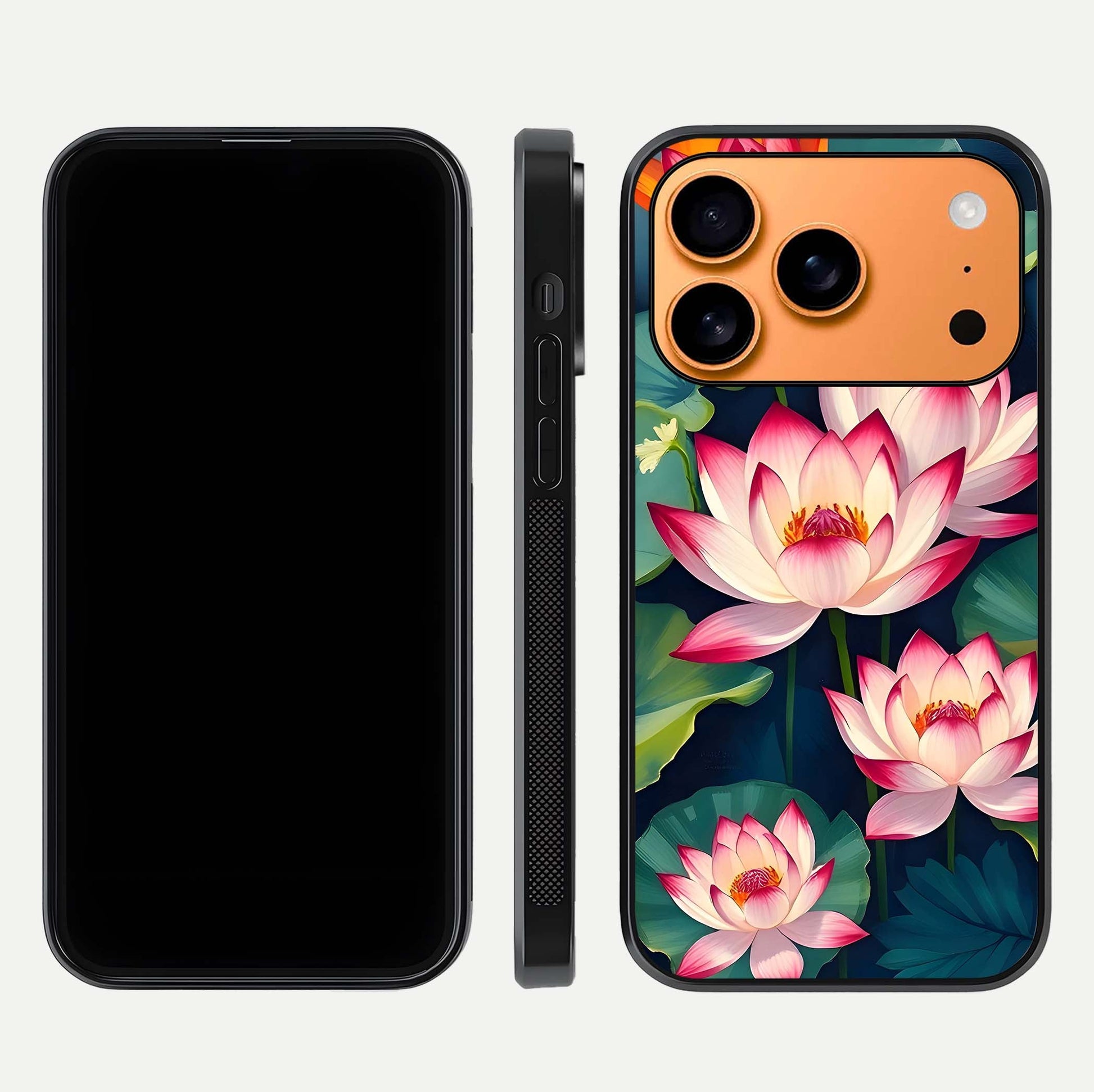 Lotus Dream Serenity Glass Case for iPhone 17 Pro Max front & back layout with elegant finish and edge curve