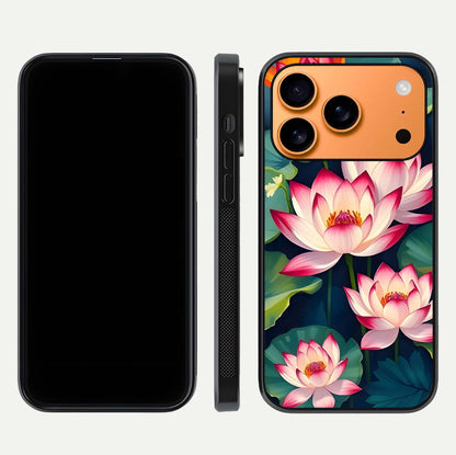 Lotus Dream Serenity Glass Case for iPhone 17 Pro Max front & back layout with elegant finish and edge curve