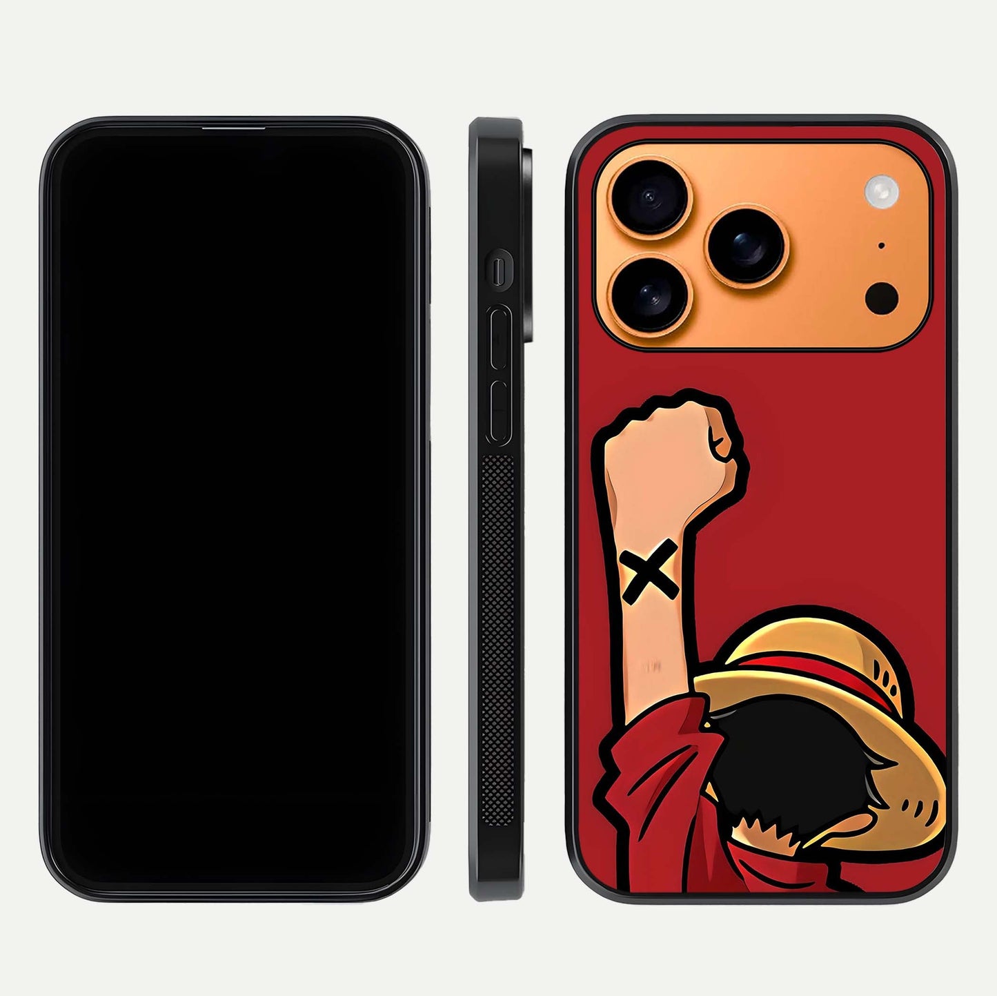 Luffy X Spirit Glass Case for iPhone 17 Pro Max front & back layout displaying anime theme and curved edges