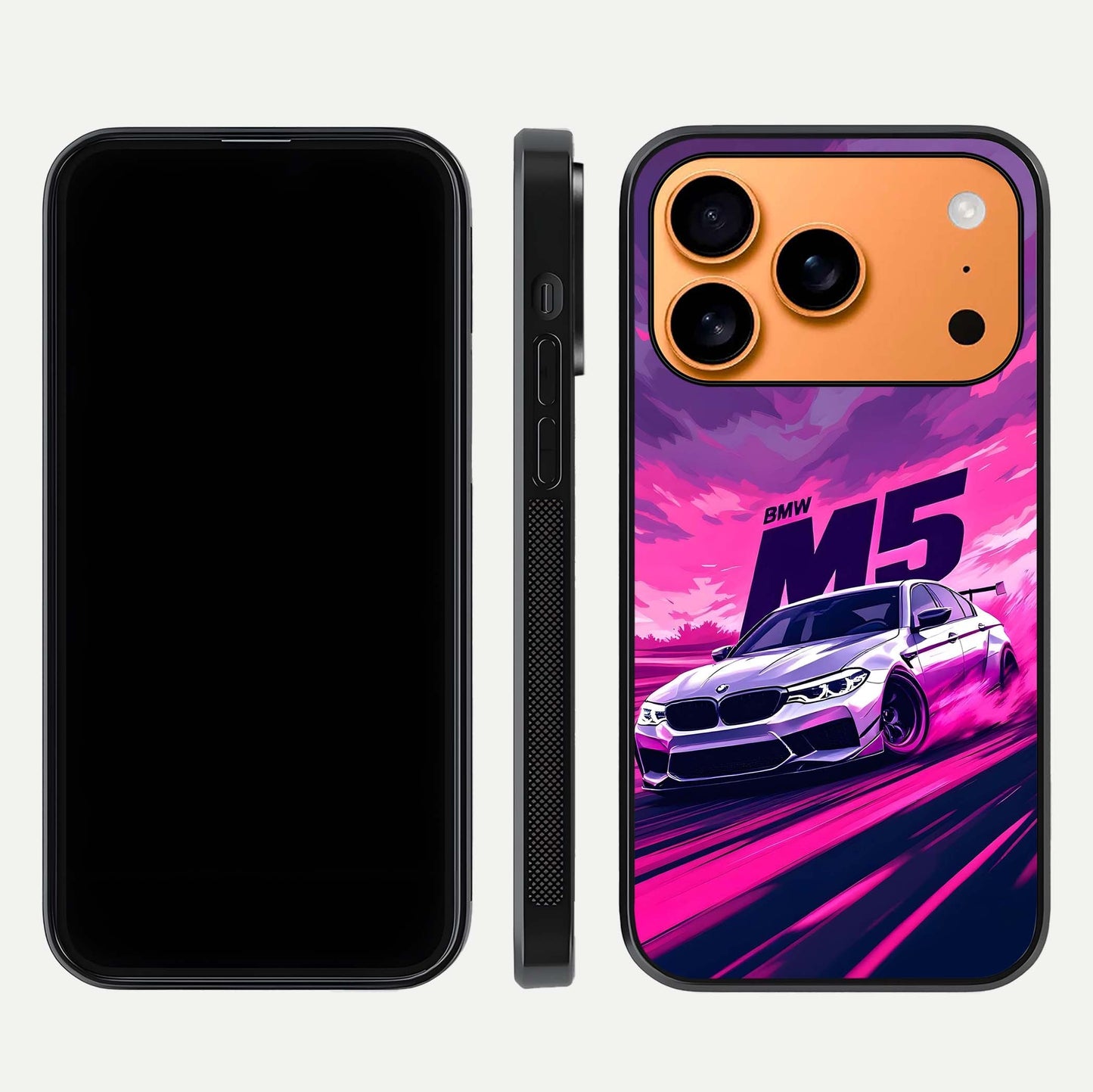 MS Neon Car Glass Case for iPhone 17 Pro Max front & back layout highlighting automotive art and curved design