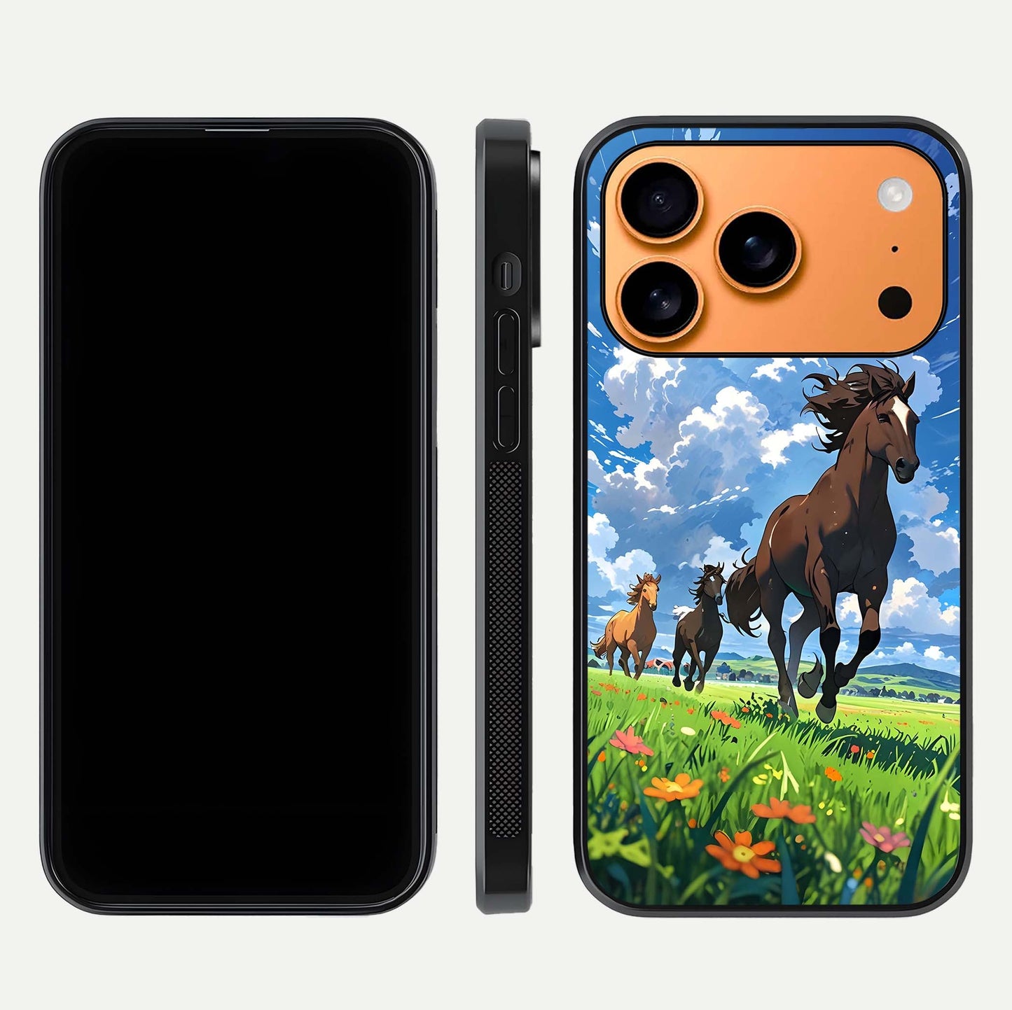 Majestic Horses Galloping Glass Case for iPhone 17 Pro Max front & back layout highlighting dynamic design and edges