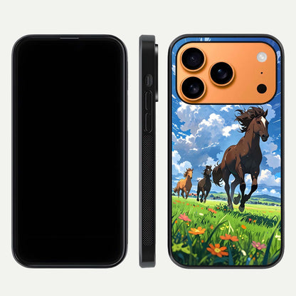 Majestic Horses Galloping Glass Case for iPhone 17 Pro Max front & back layout highlighting dynamic design and edges