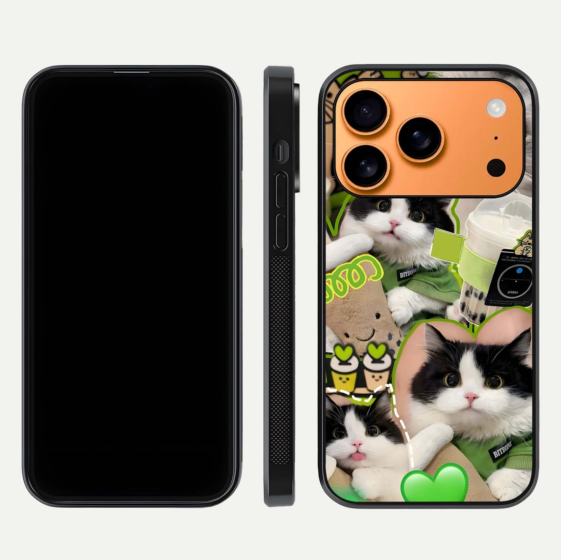 Matcha Cats Mood Glass Case for iPhone 17 Pro Max front & back layout highlighting cute theme and smooth edges
