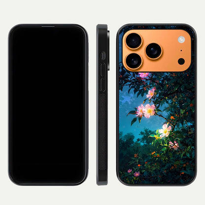 Midnight Bloom Glow Glass Case for iPhone 17 Pro Max front & back layout highlighting moody tones and smooth finish