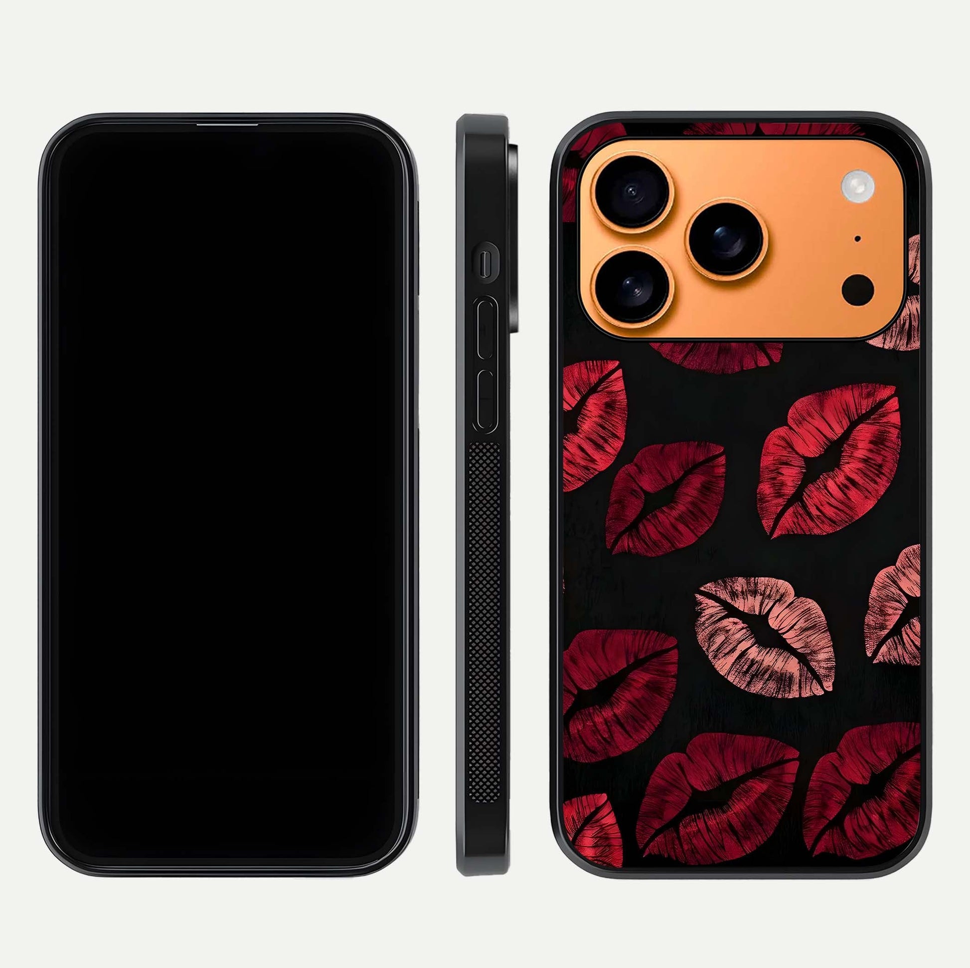 Midnight Kiss Love Glass Case for iPhone 17 Pro Max front & back view layout showing romantic theme and smooth curves
