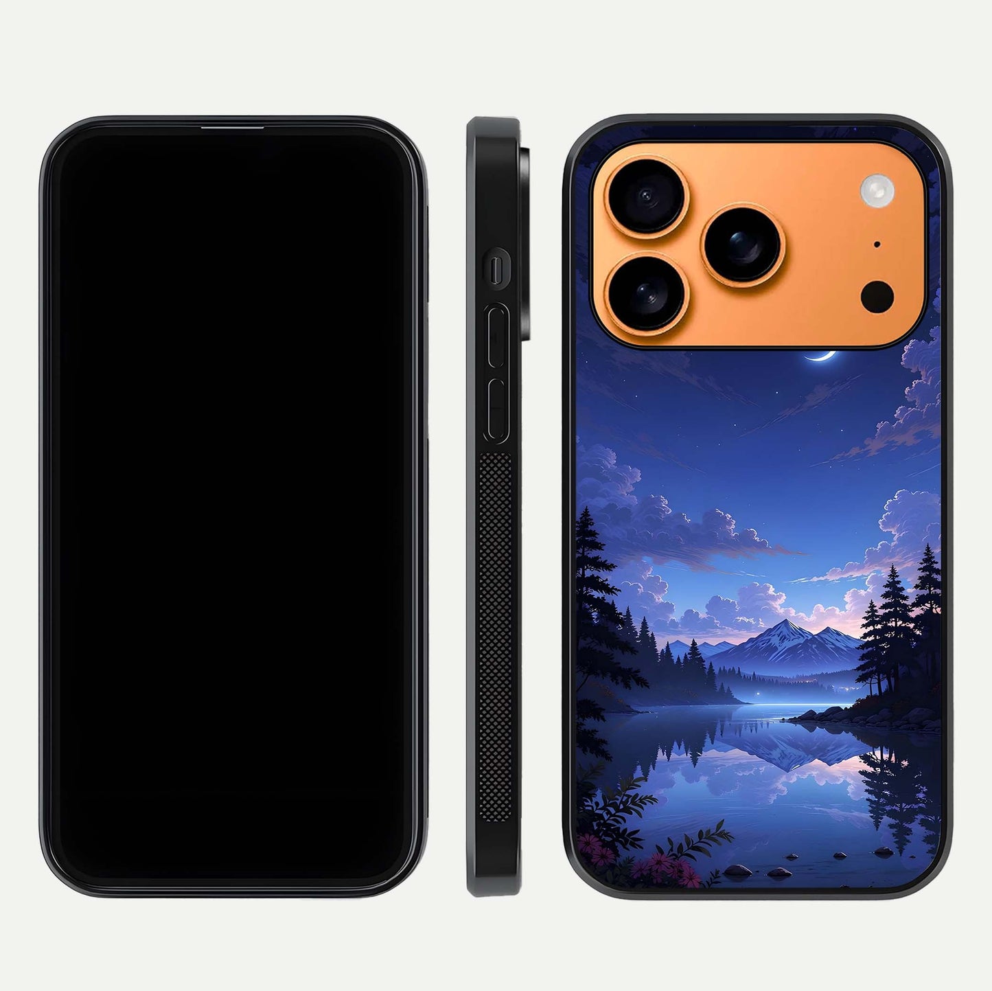 Midnight Lake Peace Glass Case for iPhone 17 Pro Max front & back layout highlighting calm design and curved edges