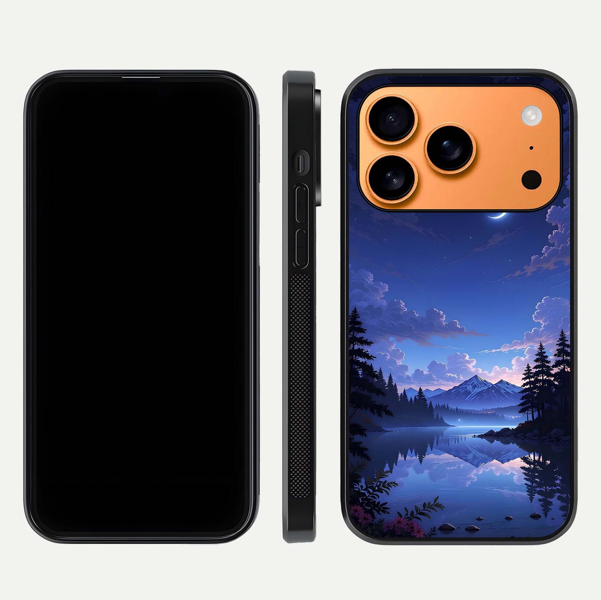 Midnight Lake Peace Glass Case for iPhone 17 Pro Max front & back layout highlighting calm design and curved edges