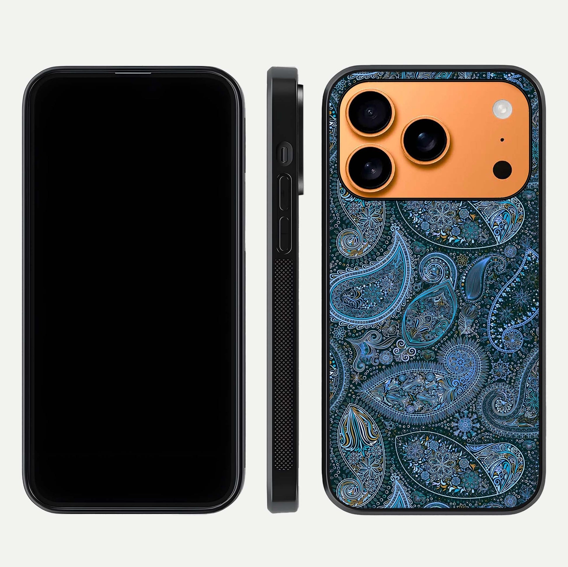 Midnight Paisley Glow Glass Case for iPhone 17 Pro Max front & back layout highlighting elegant edge finish