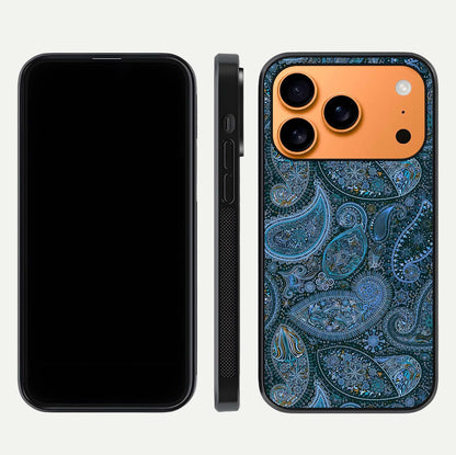 Midnight Paisley Glow Glass Case for iPhone 17 Pro Max front & back layout highlighting elegant edge finish