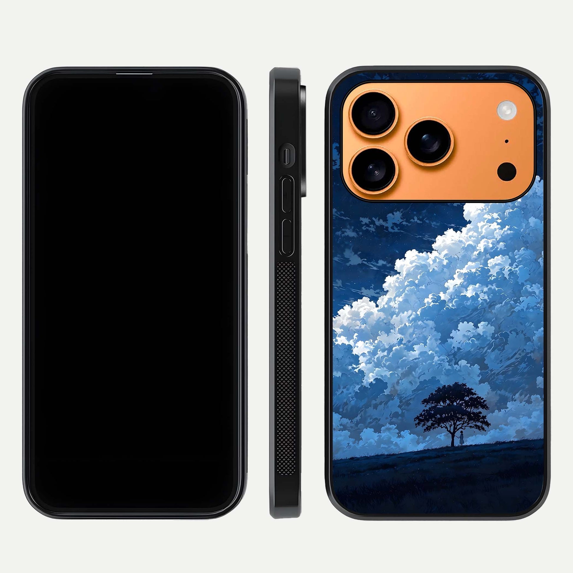 Midnight Sky Serenity Glass Case for iPhone 17 Pro Max front & back layout highlighting celestial art and curves