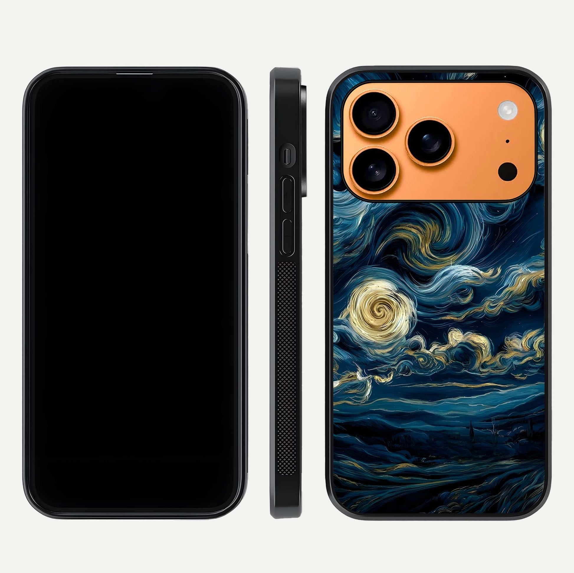 Midnight Sky Whirl Glass Case for iPhone 17 Pro Max front & back layout highlighting celestial movement art