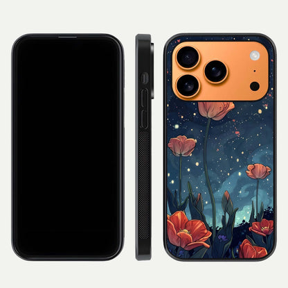 Midnight Tulip Glow Glass Case for iPhone 17 Pro Max front & back layout highlighting floral glow and curved edges
