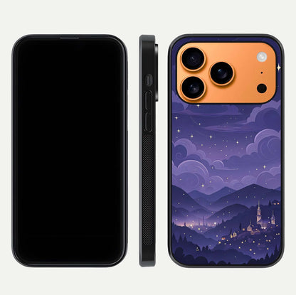 Minimal Night View Glass Case for iPhone 17 Pro Max front & back layout highlighting minimal night vibe and curves