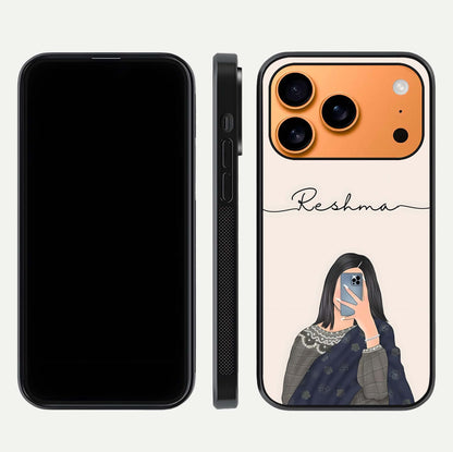Mirror Mood Muse Custom Name Glass Case for iPhone 17 Pro Max front & back layout showing personalized name placement