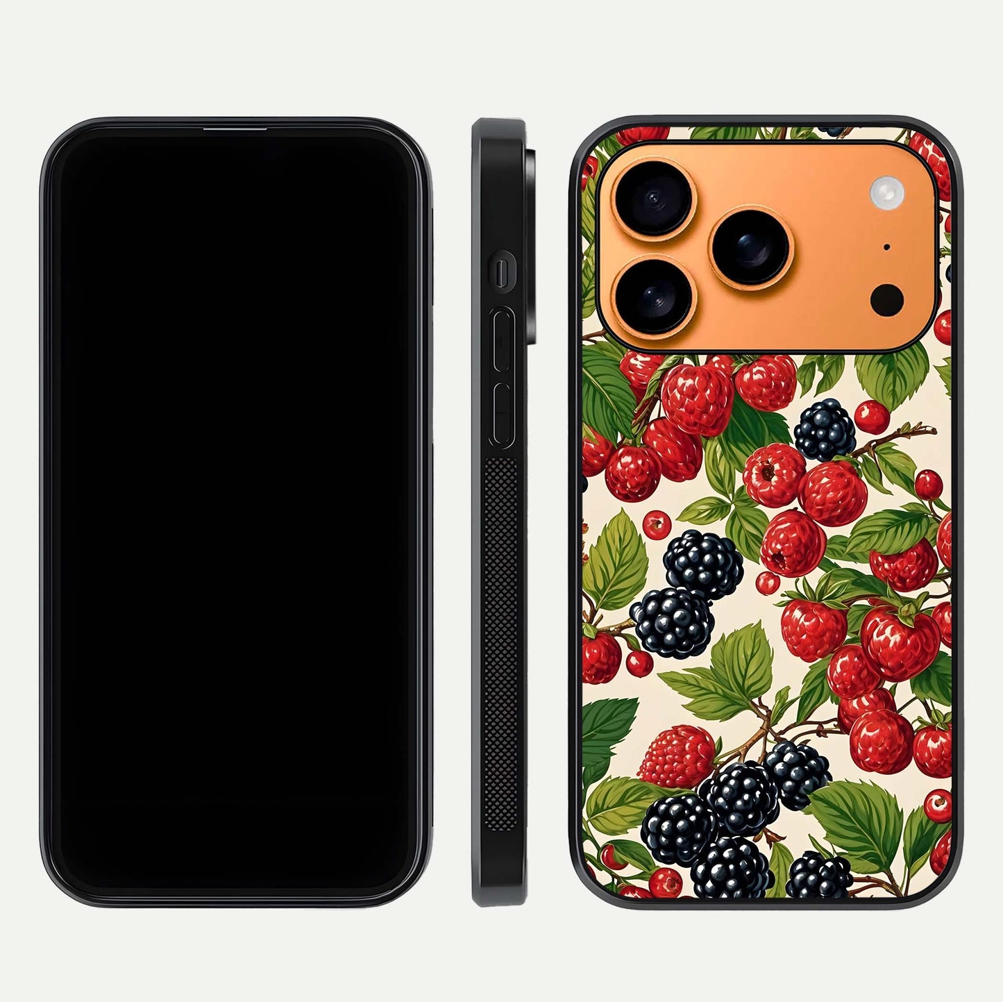 Mixed Berry Collage Glass Case for iPhone 17 Pro Max front & back layout highlighting colorful art and curved edges