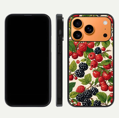Mixed Berry Collage Glass Case for iPhone 17 Pro Max front & back layout highlighting colorful art and curved edges