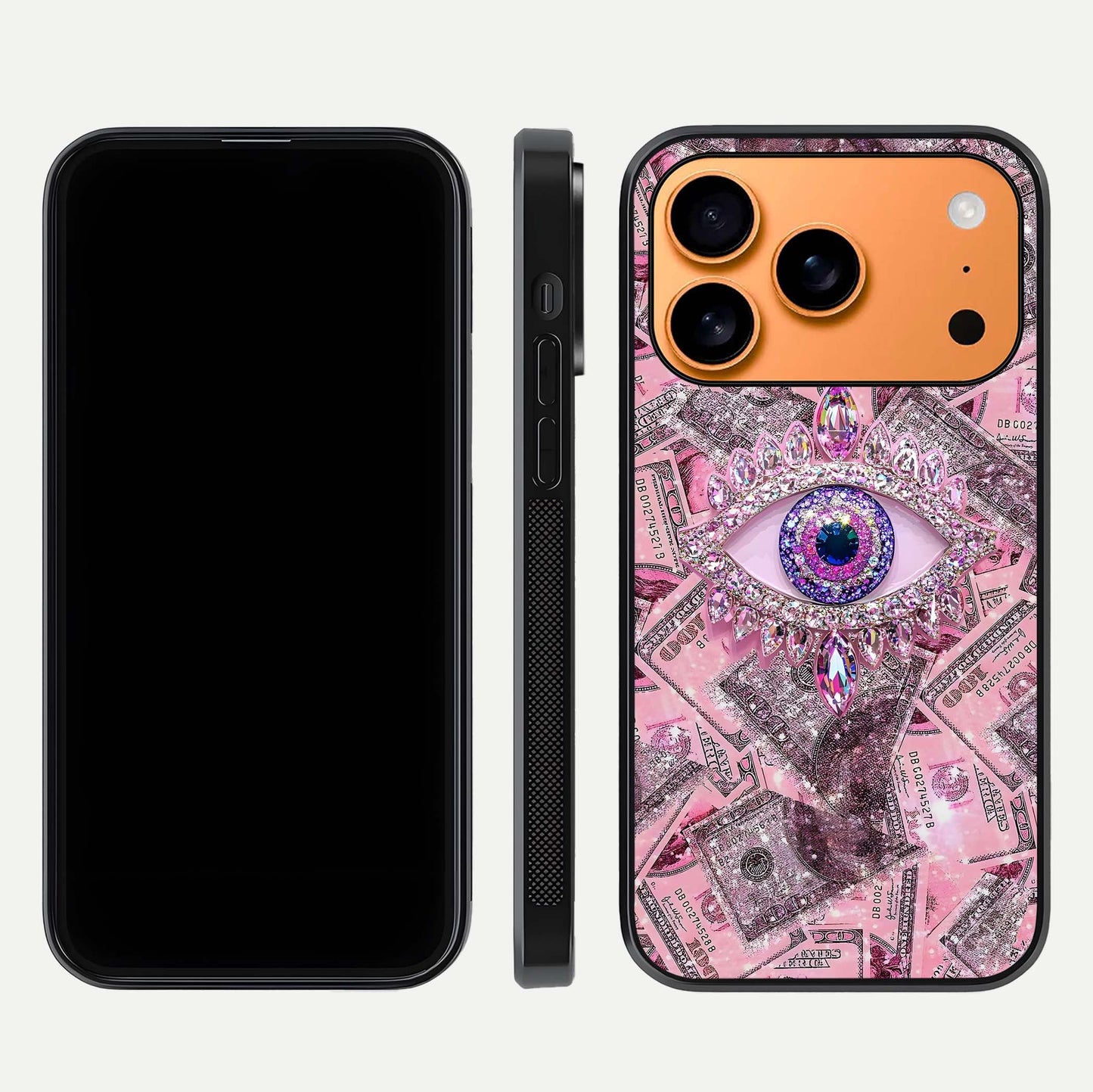 Money Eye Luxe Glass Case for iPhone 17 Pro Max front & back layout highlighting luxury edge design and bold art