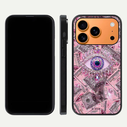 Money Eye Luxe Glass Case for iPhone 17 Pro Max front & back layout highlighting luxury edge design and bold art