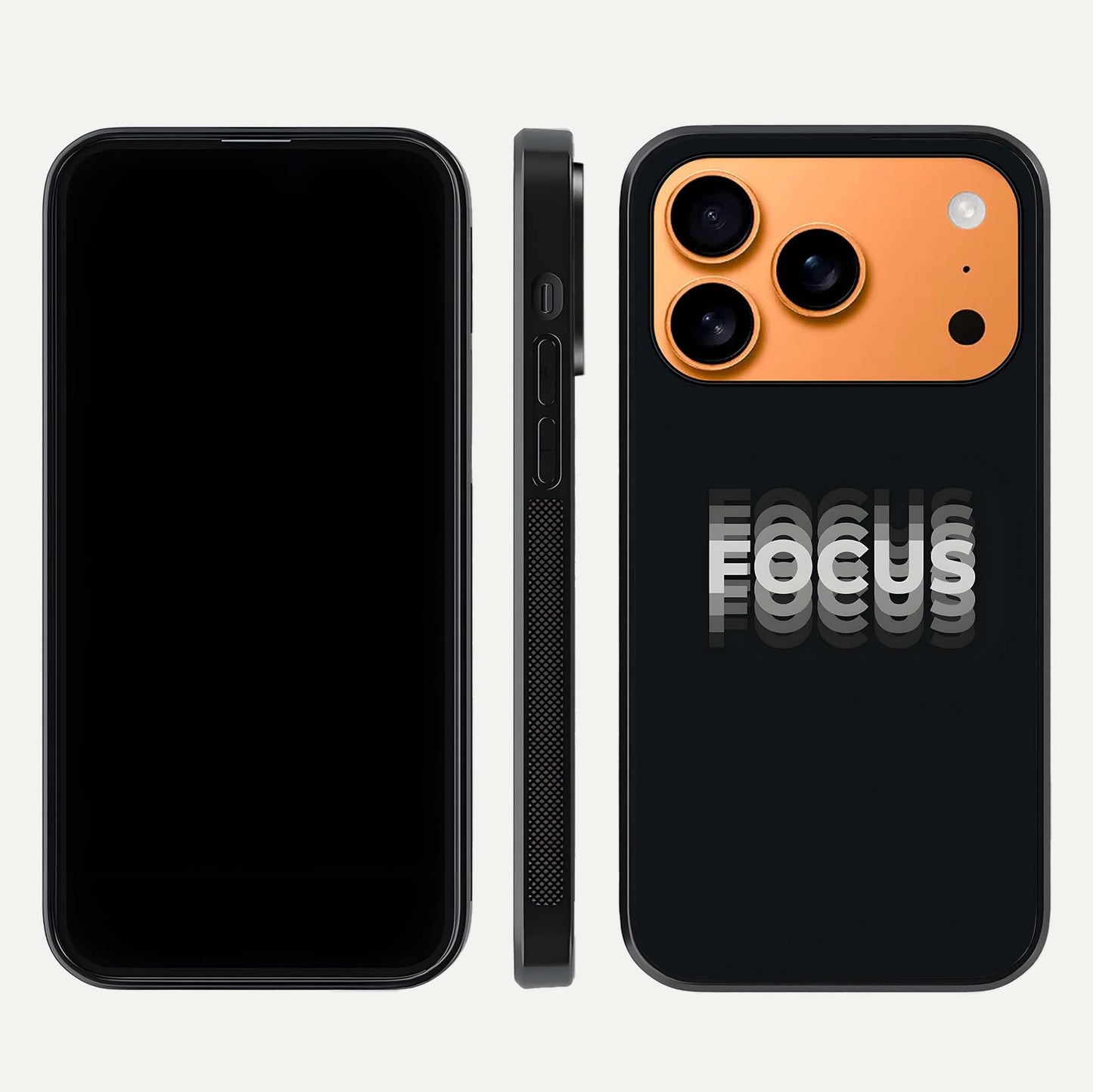 Mono Focus Vision Glass Case for iPhone 17 Pro Max front & back layout showing clean focus lines and curved edges