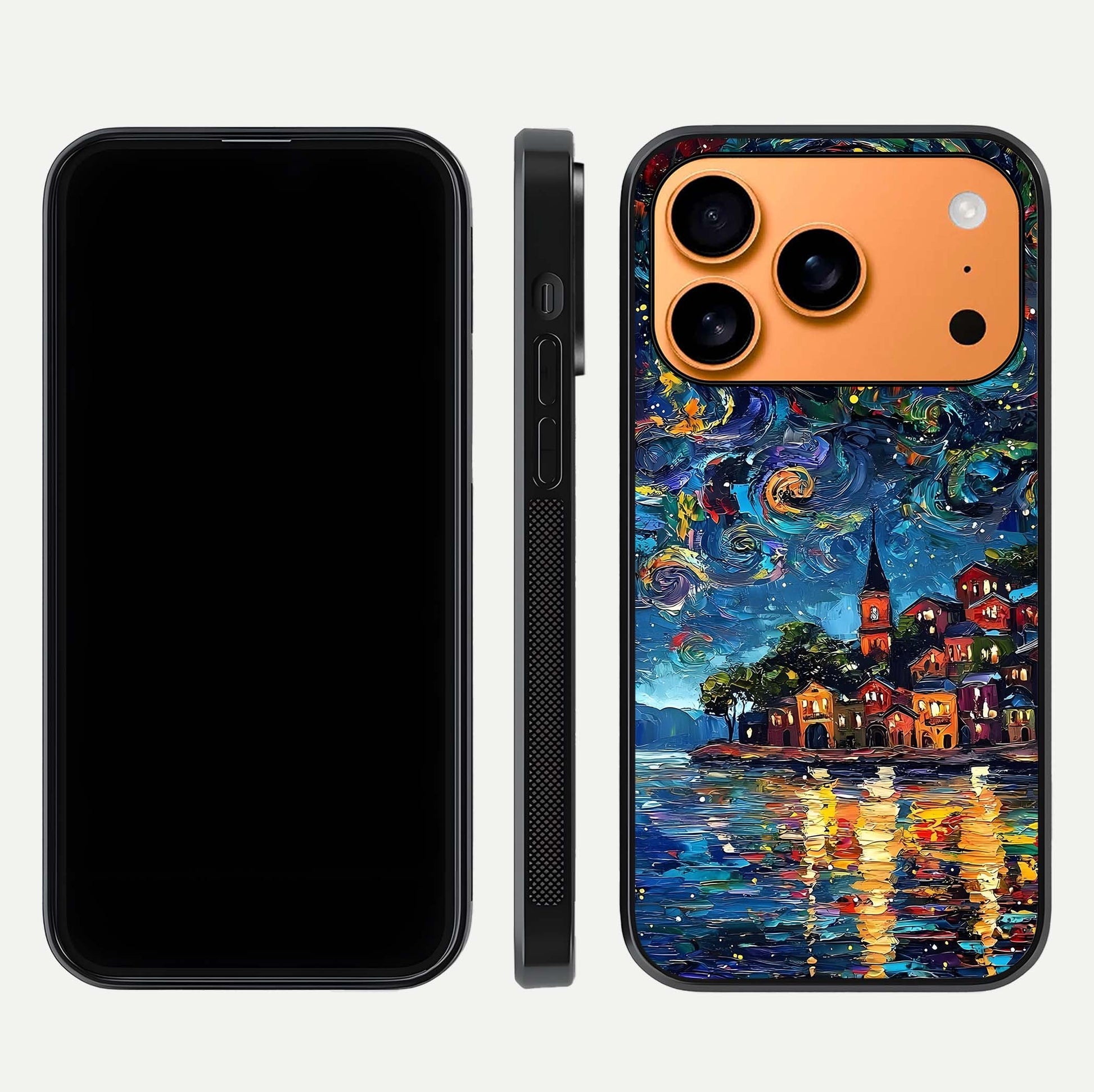Moonlight Harbor Glow Glass Case for iPhone 17 Pro Max front & back layout highlighting calm harbor tones