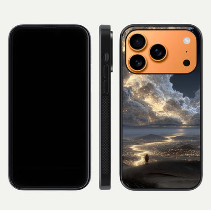 Moonlight Spark Path Glass Case for iPhone 17 Pro Max front & back layout highlighting calm tones and sleek edges
