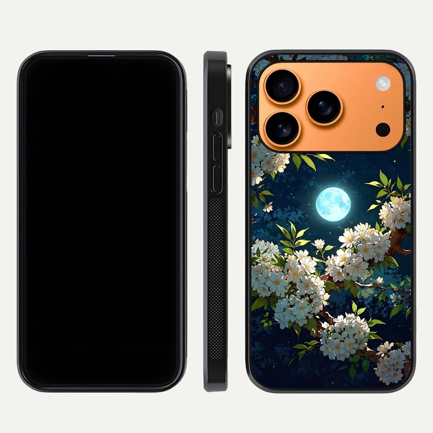 Moonlit Blossom Dream Glass Case for iPhone 17 Pro Max front & back layout highlighting moonlit tones and edges