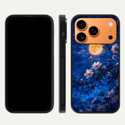 Moonlit Blossoms Night Glass Case for iPhone 17 Pro Max front & back layout highlighting moonlit tones and curved edges