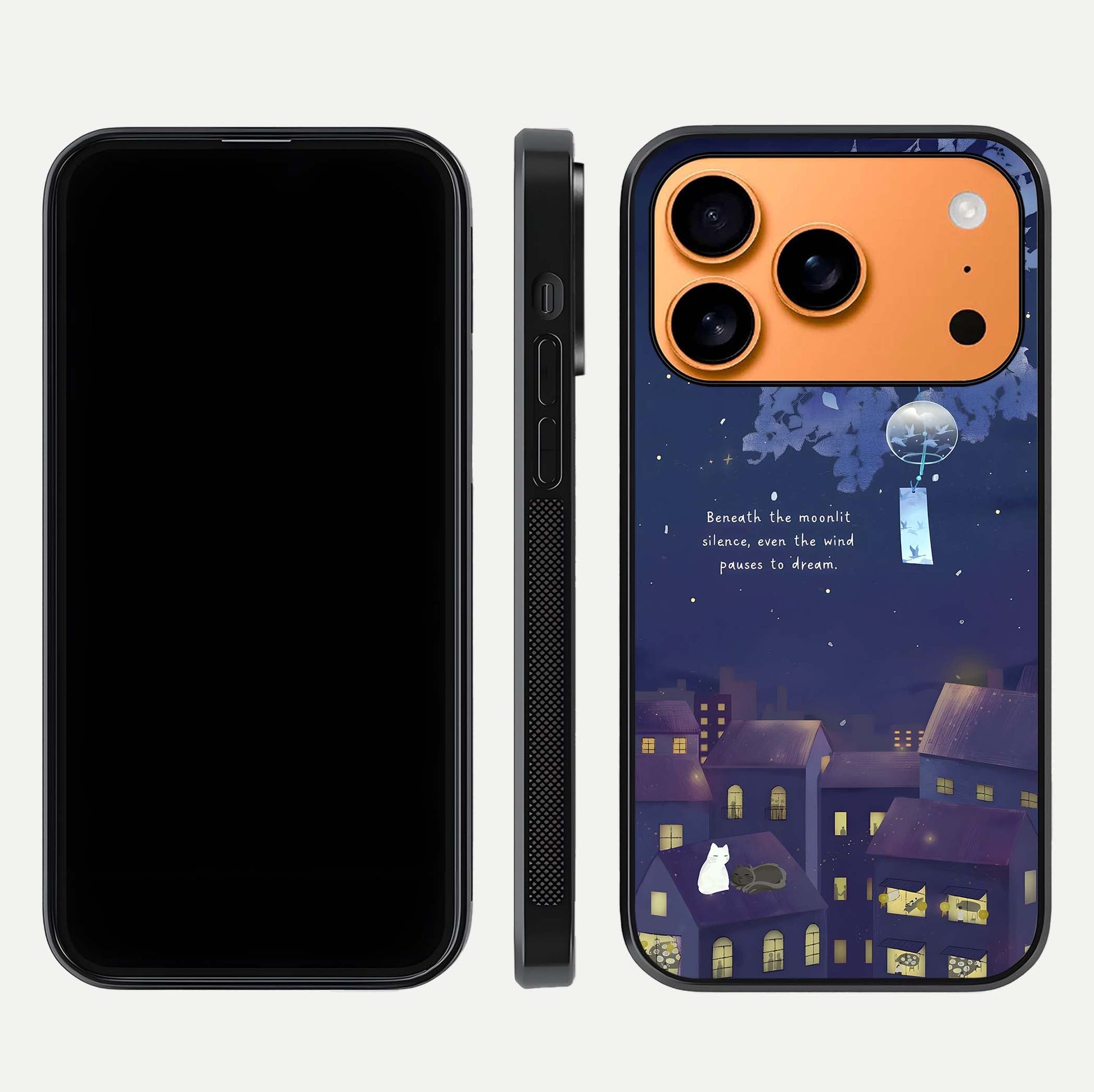 Moonlit Cat Silence Glass Case for iPhone 17 Pro Max front & back layout highlighting calm tones and edge detail